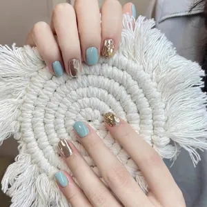 Handmade light blue and champagne gold glitter short round press-on nails set