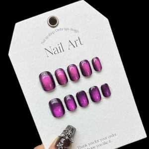 Handmade Purple Laser Cat Eye Press On Nails Short Square Round Magnetic Nail Art With Metal Star Chain Decor Women