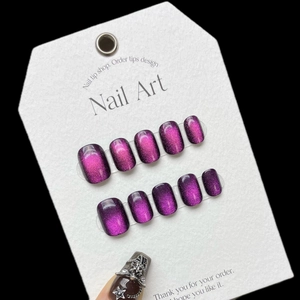 Handmade deep purple cat eye press-on nails with Gothic silver star and chain accessories