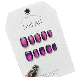 Purple laser cat eye handmade press-on nails in 10-piece short square shape set