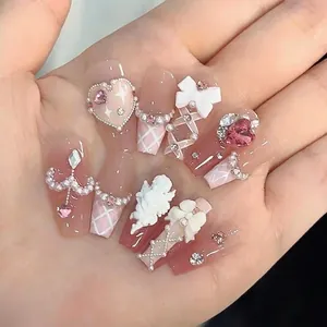Handmade Blush Pink Press On Nails Coquette Ribbon Bow Angel Heart Rhinestone Artificial Pearl Long Coffin Fake Nails For Women