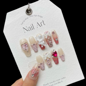 Handmade ballet ribbon press-on nails with 3D bows, angel relief and pink gradient art