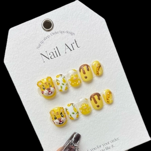 Faux Ongles à Presser Tigre 3D Faits à la Main Motif Animal Dessin Animé Floral Jaune Résine Réutilisables pour Femmes
