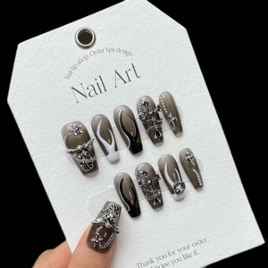Handmade Gothic Dark Press On Nails Black White Gradient Flame Design 3D Silver Metallic Cross Star Accents Nail Art Tips