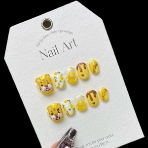 Kit de faux ongles tigre 3D faits main avec motifs floraux jaunes sur carte