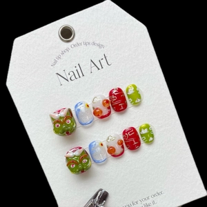 Handmade zodiac dragon press-on nails set with 3D embossed art and colorful designs