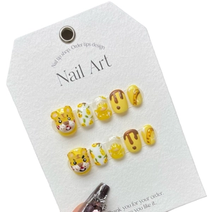 Faux ongles faits main 10 pièces avec motifs mignons de tigre et canard jaune cartoon
