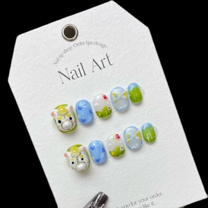 Faux Ongles à Presser Faits à la Main 3D Vache Cheval Court Bleu Vert Design Nœud Cœur Doux Peints à la Main