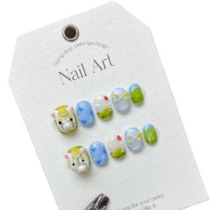 Faux ongles faits main avec vache 3D, motifs de cœur et décorations de paysages