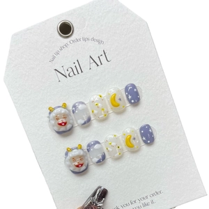 Handmade 3D sheep press-on nails with cute cloud and moon embossed resin nail art