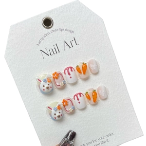 Handmade 3D rabbit press-on nails with cartoon carrots and hearts in macaron colors