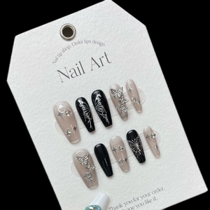 Handmade Y2K Dark Black Nude Press On Nails With 3D Silver Liquid Metal Butterfly Rhinestone Sparkle Coffin Fake Nails