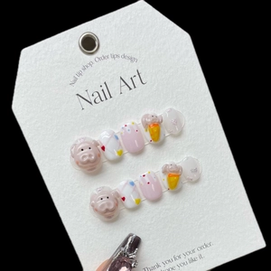 Handmade 3D cartoon pig press-on nails set with cute pink heart and ice cream design