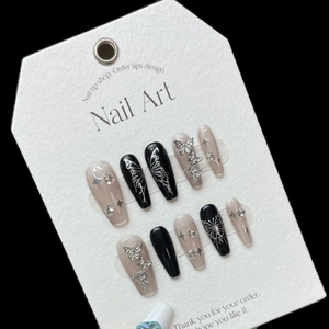Handmade Y2K press-on nails with silver liquid butterfly, rhinestones on long coffin shape