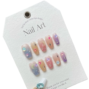 Handmade summer gradient press-on nails set with star, moon and gemstone charms