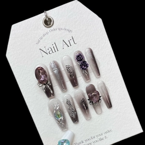 Handmade dark style press-on nails with grey-purple gradient and 3D butterfly charms