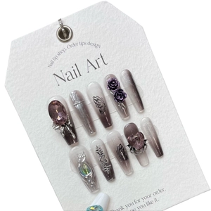 Handmade dark butterfly press-on nails with grey purple gradient and 3D floral accents