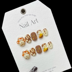 Handmade Press On Nails Zodiac Monkey 3D Character Banana Design Checkerboard Pattern Sweet Style Artificial Fingernails