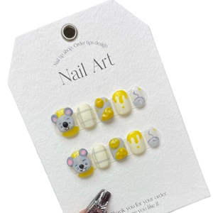 Handmade 10pcs cute mouse and cheese themed press-on nail set in yellow and grey colors