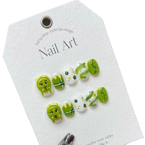 Handmade green snake press-on nails with 3D cute animal design and checkered patterns