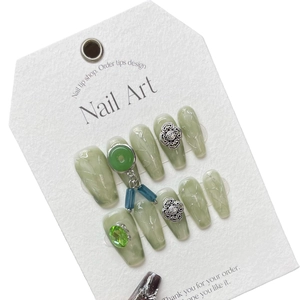 Chinese vintage style green jade handmade press-on nails with silver metallic charms