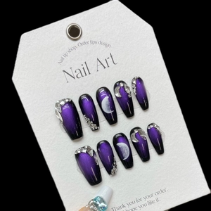 Handmade Purple Cat Eye Press On Nails Moon Star Rhinestone Design Long Coffin Fake Nails For Women Manicure Jewelry