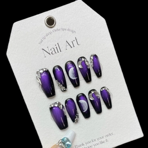 Handmade purple cat-eye and black gradient coffin nails with silver rhinestones and moon