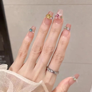 Handmade French Press On Nails With 3D Pink Flower Yellow Star Rhinestone Aurora Glitter Short Square Fake Nails For Women