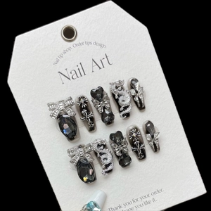 Handmade Gothic Press On Nails Black Cat Eye With Silver Dragon Cross Rhinestone Y2K Punk Long Fake Nails For Women Jewelry