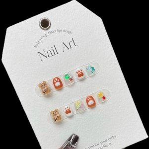 Handmade 3D Bear Press On Nails For Kids Sweet Orange Cream Glitter Short Round Fake Nails Girl Manicure Decoration