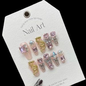 Handmade Long Coffin Press On Nails 3D Dragon Wings Butterfly Rhinestone Heart Design Punk Style Fake Nails For Women Party