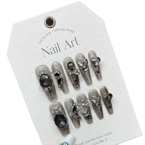 Gothic dark grey gradient handmade press-on nails with butterfly and jewel accents