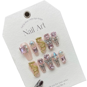 3D dragon and silver butterfly long coffin press-on nails with rhinestones on white card