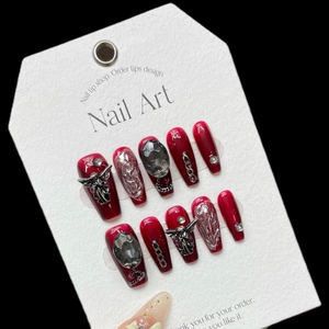 Dark lolita press-on nails with red butterfly wings, silver cross and gemstones