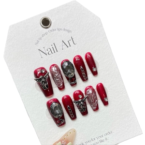 Handmade dark lolita press-on nails with red butterfly wings and silver crosses