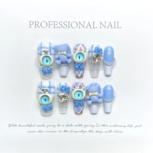 Custom blue and purple press-on nails with 3D teddy bears and bow decorations