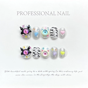 Cute monster devil eye press-on nails set with glitter cat eye and 3D heart designs