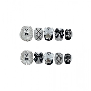 Y2K handmade black press-on nails with glitter silver bows, 3D bears, and hearts