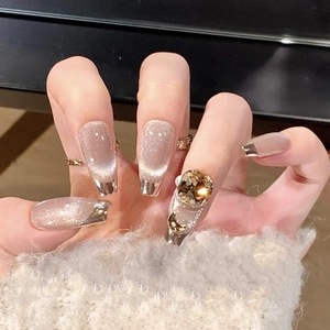 Handmade Cat Eye Press On Nails With Rhinestone Artificial Pearl Decor French Mirror Edge Luxury Nude Purple Fake Nails For Women