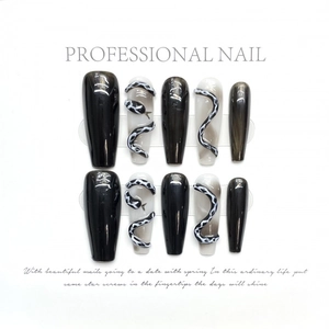 Long trapezoid press-on nails with black 3D snake design and glossy mirror finish