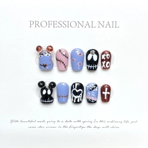 Handmade Halloween cartoon press-on nails set with spooky skull and eyeball art