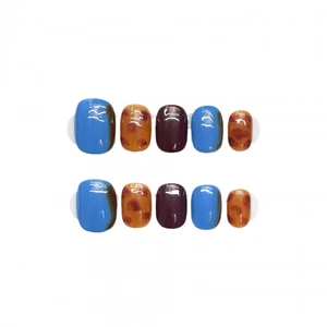 Handmade leopard and amber press-on nails with royal blue and deep purple glossy finish