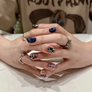 Handmade Press On Nails With Evil Eye Star Pattern Metallic Mirror Finish Y2K Cyberpunk Style Blue Silver Fake Nails For Women