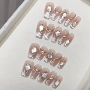 Ocean Eyes Handmade Press On Nails French Luxury Cat Eye Glossy Resin Nails Artificial Pearl Shell Decor Elegant Reusable Manicure