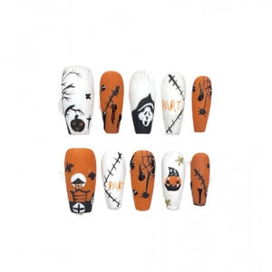 Halloween coffin press-on nails set featuring hand-painted pumpkins and Ghostface masks