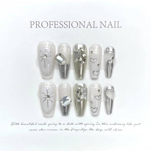 Handmade coffin press-on nails with 3D heart, rhinestones and pearly white French tips