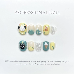 Handmade 3D cute cartoon press-on nails featuring cat and puppy designs with glitter