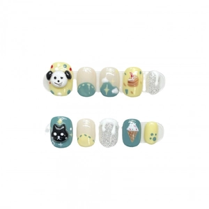 Handmade press-on nails set featuring 3D cartoon cat and dog art on yellow and cyan base