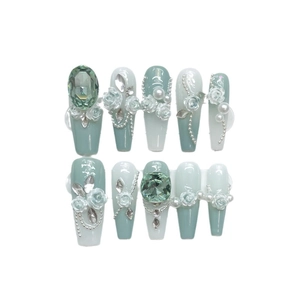 Handmade ballerina nails with green gradient, 3D camellia flowers and luxury rhinestones