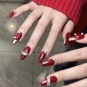 Handmade red bridal press-on nails with 3D Double Happiness character and pearls